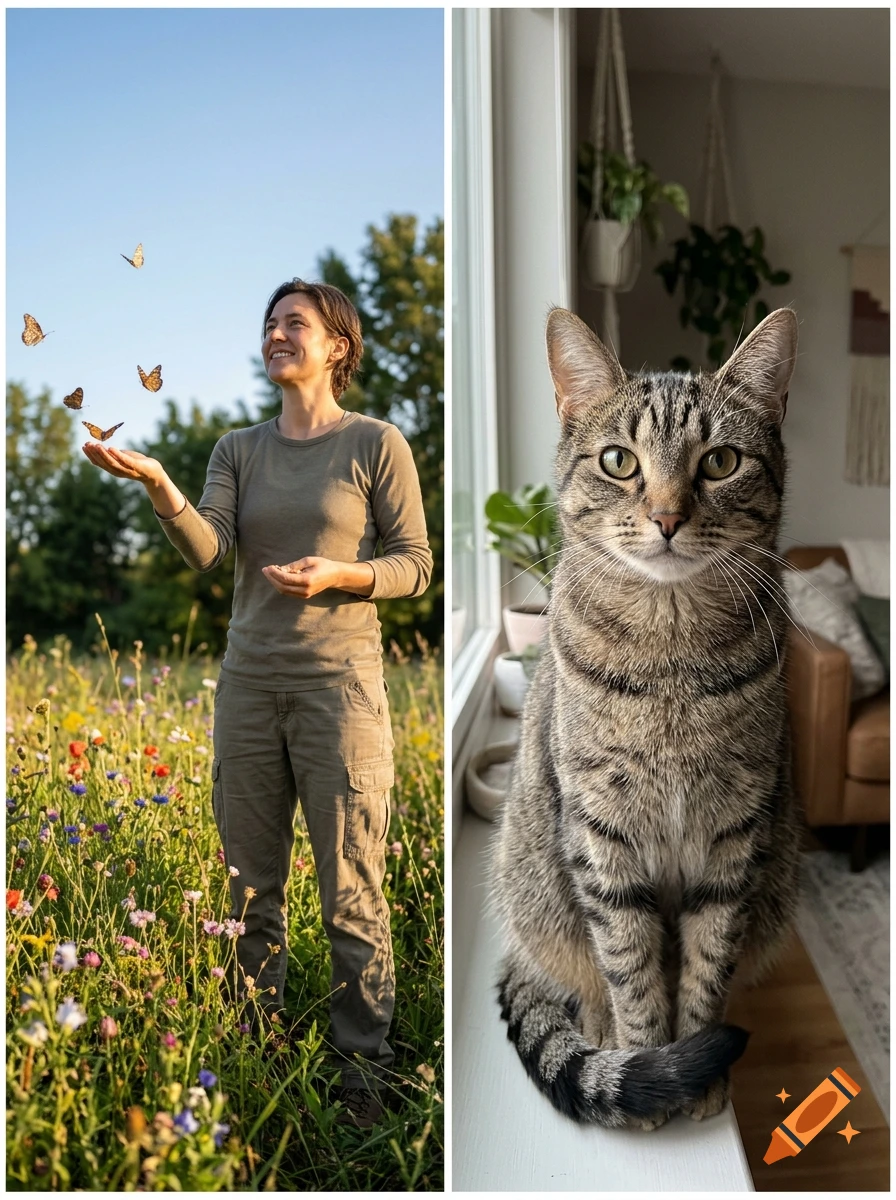 Split image showing a smiling person in a field holding butterflies and a tabby cat sitting on a windowsill, photorealistic.