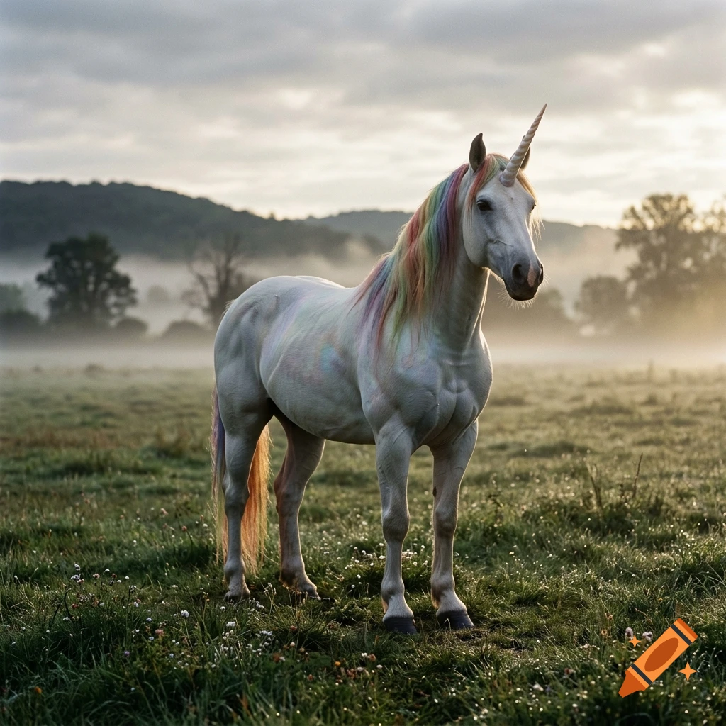 A photorealistic white unicorn with a rainbow mane and tail standing in a misty, dewy green field during sunrise.