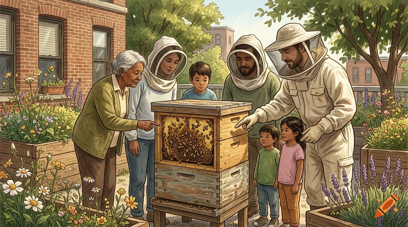 An illustrated group of adults and children in an urban rooftop garden looking at an open beehive with bees on frames.