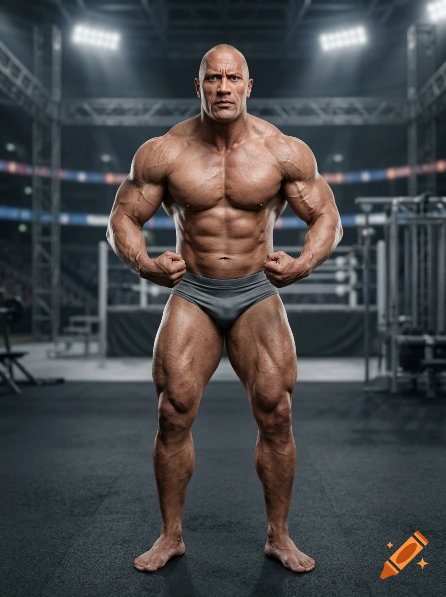 Photorealistic image of a massively muscular man flexing in a boxing ring under stadium lights.