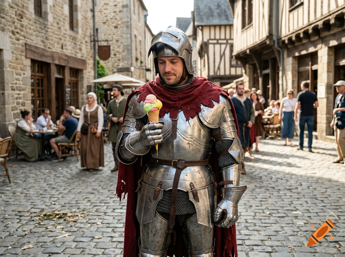 A photorealistic knight in full metal armor holding a melting ice cream cone in a medieval cobblestone street.