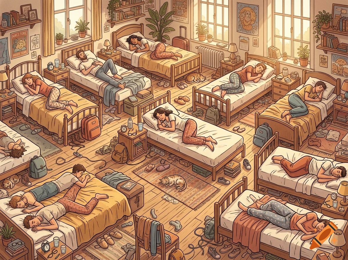 Detailed illustrated hidden object scene of a crowded dormitory room filled with people sleeping in beds without blankets.
