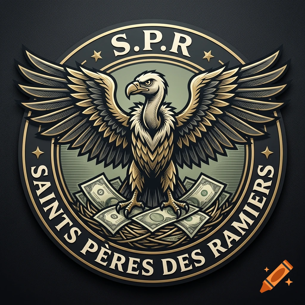 Round emblem featuring a stylized vulture with wings spread over a nest of money, with text S.P.R. Saints Peres des Ramiers.