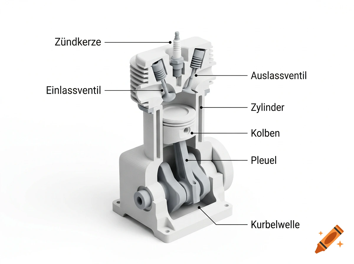 3D printed cross-section model of a combustion engine with German labels pointing to parts like spark plug and piston.