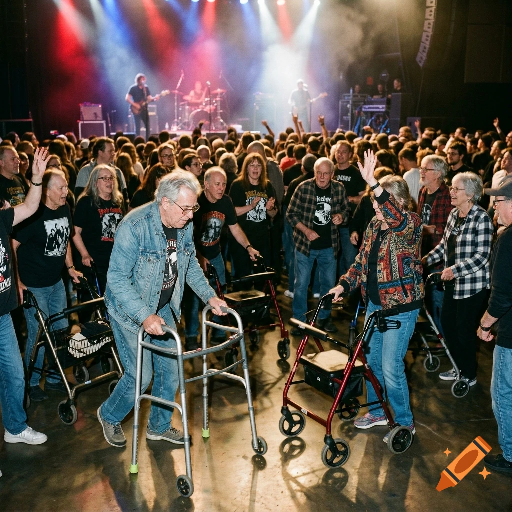 Group of elderly people in a mosh pit using walkers at a rock concert.