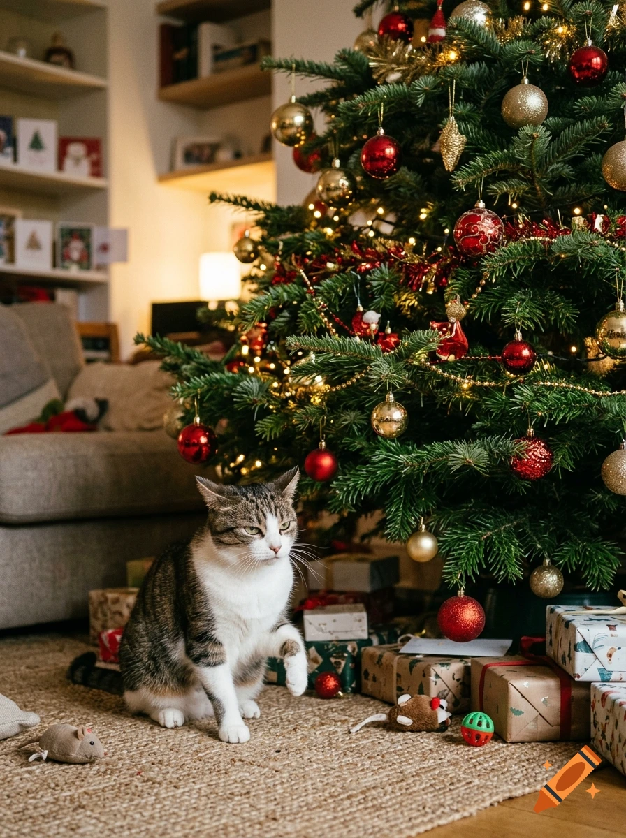 A tabby and white cat sitting on a woven rug under a decorated Christmas tree in a living room.
