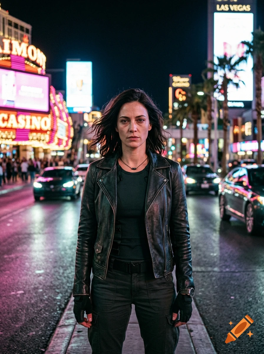 Photorealistic medium shot of a female anti-hero standing on a Las Vegas street at night, wearing a leather jacket.