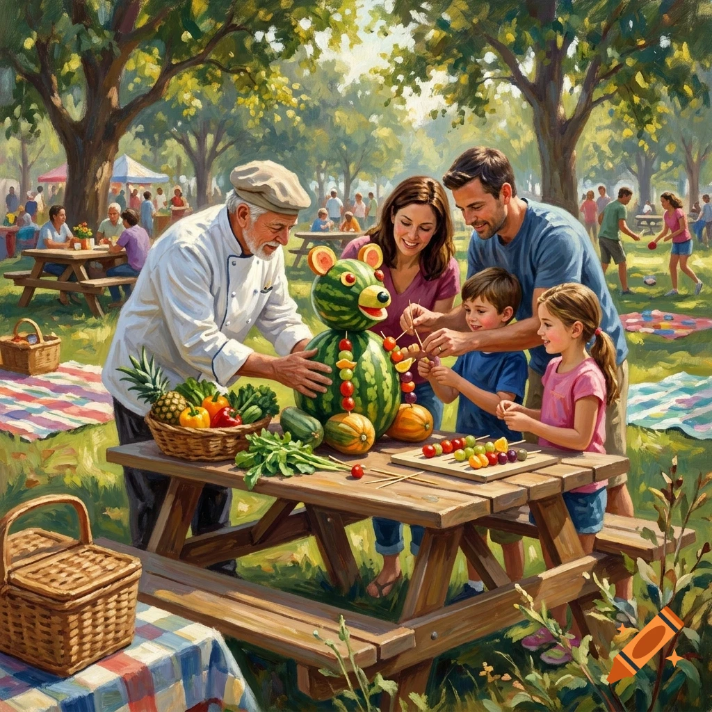 An elderly chef and a family preparing a fruit and vegetable sculpture at a picnic table in a park.