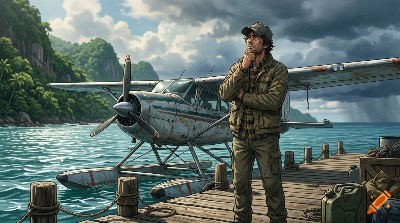A man in a jacket and cap standing on a wooden dock next to a seaplane, with a tropical island and stormy sky in the background.