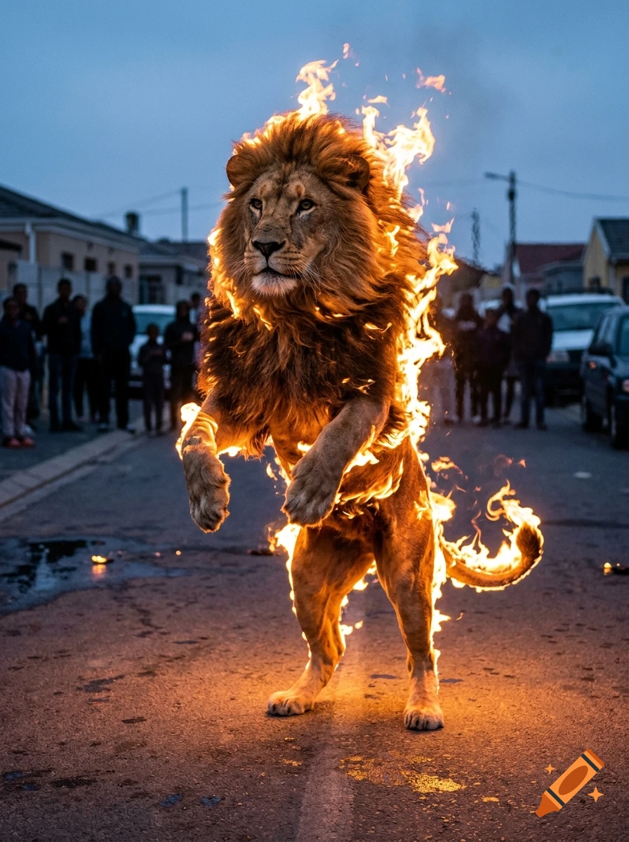 A photorealistic male lion engulfed in bright flames, standing on its hind legs on a street as if dancing, with blurred onlookers in the background.