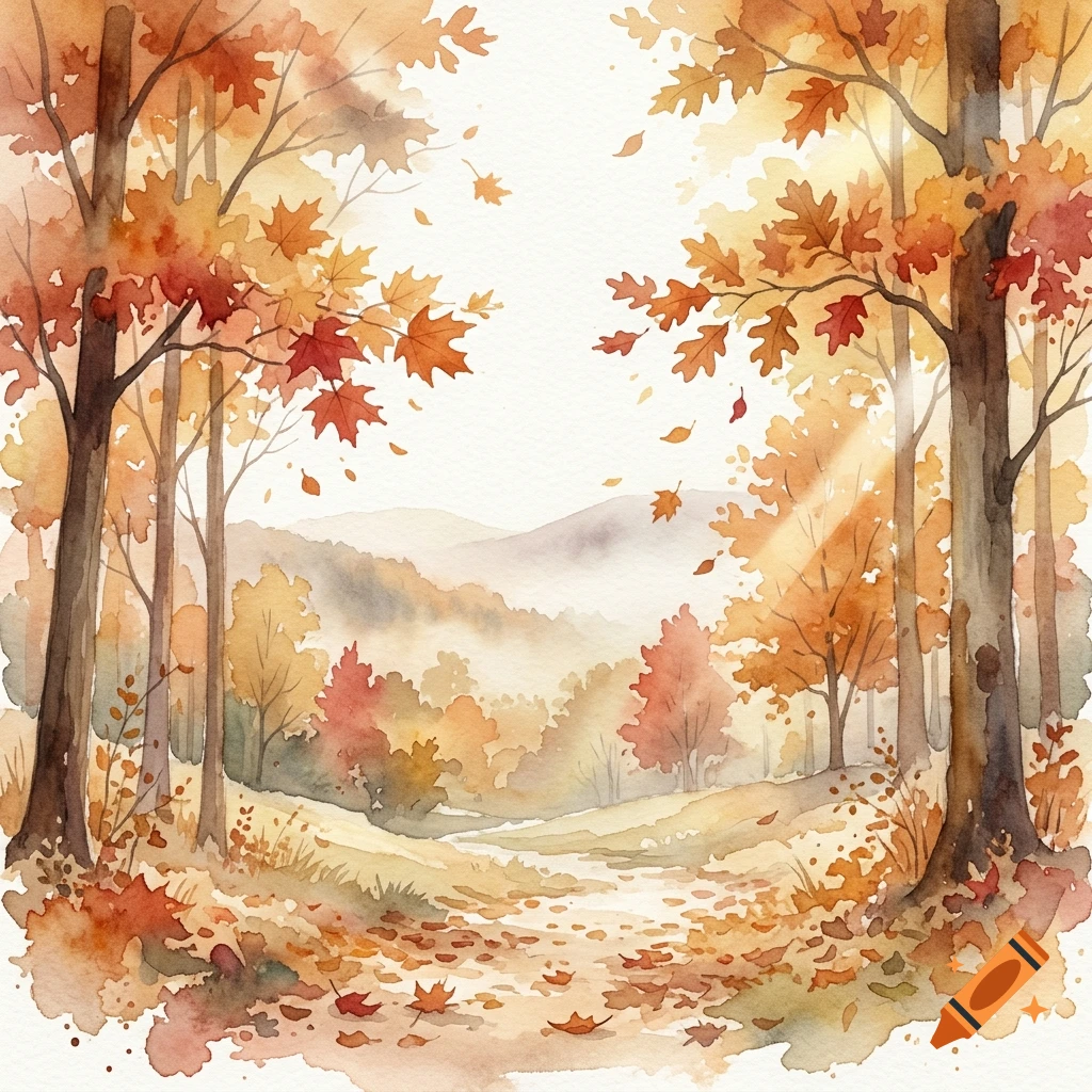 Watercolor painting of an autumn forest path with golden trees, fallen leaves, and distant misty mountains.