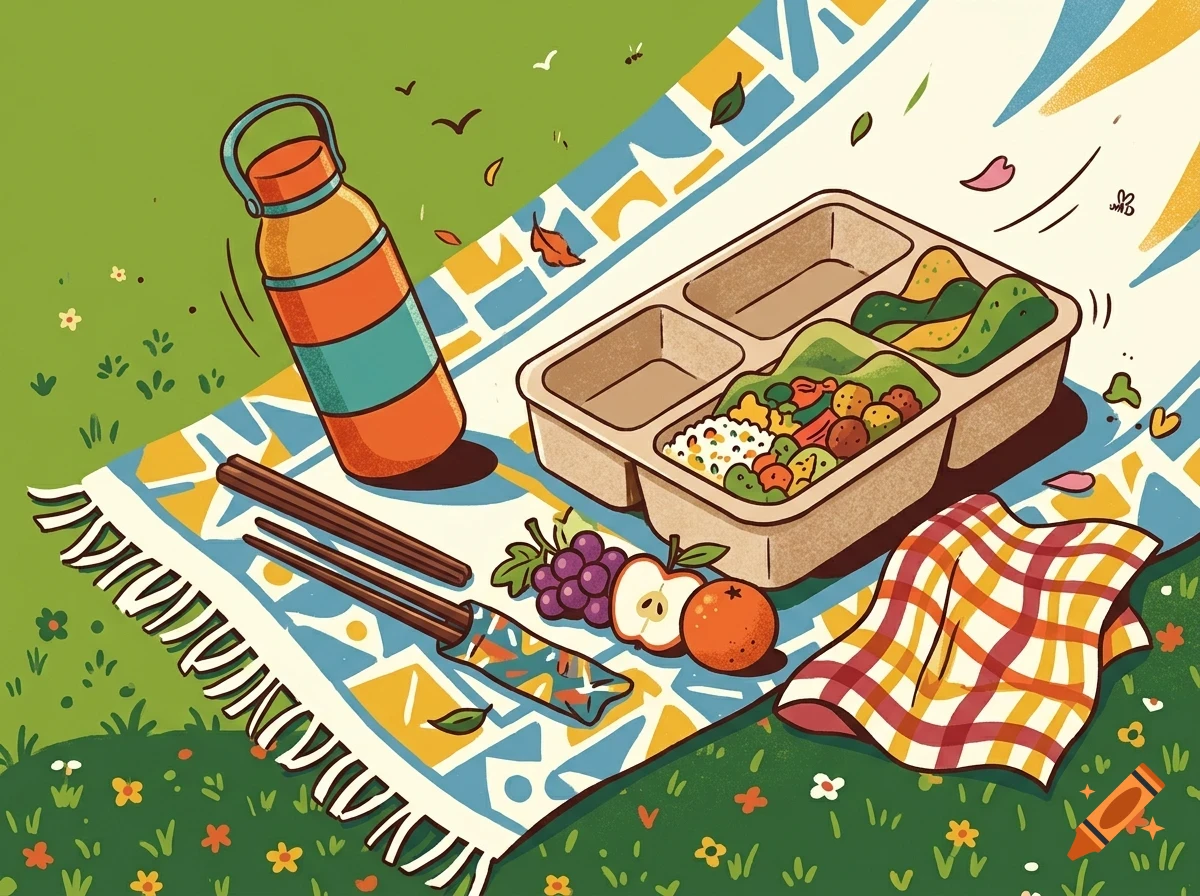 An illustrated outdoor picnic scene on a patterned blanket, featuring a bento lunch box with food, a water bottle, chopsticks, fruit, and a checkered napkin.