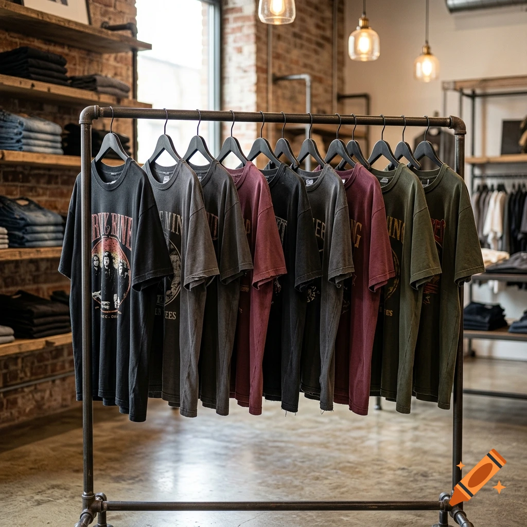 A clothing rack displaying various grunge aesthetic graphic t-shirts in a modern retail store with exposed brick walls.