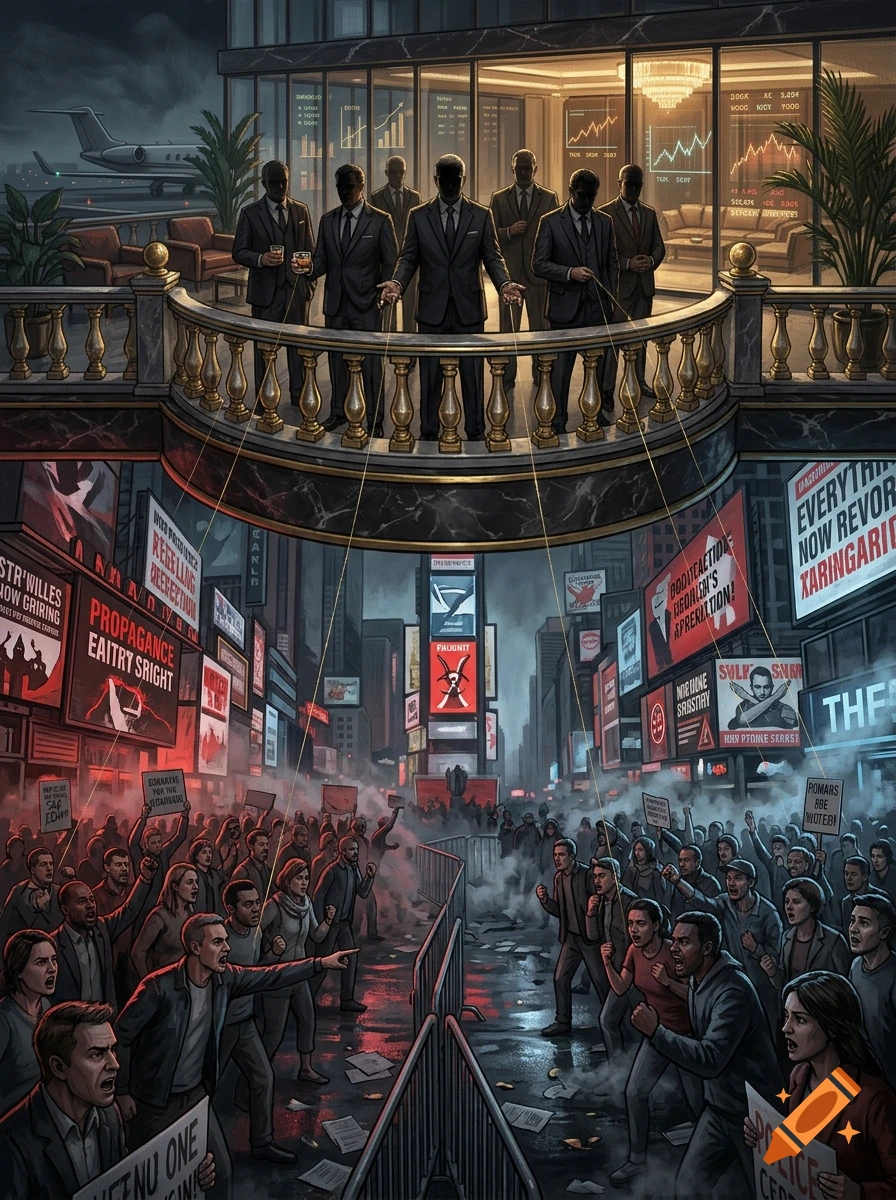 Illustration of billionaires on a balcony pulling strings attached to a protesting crowd in a city street below, in a digital art style.