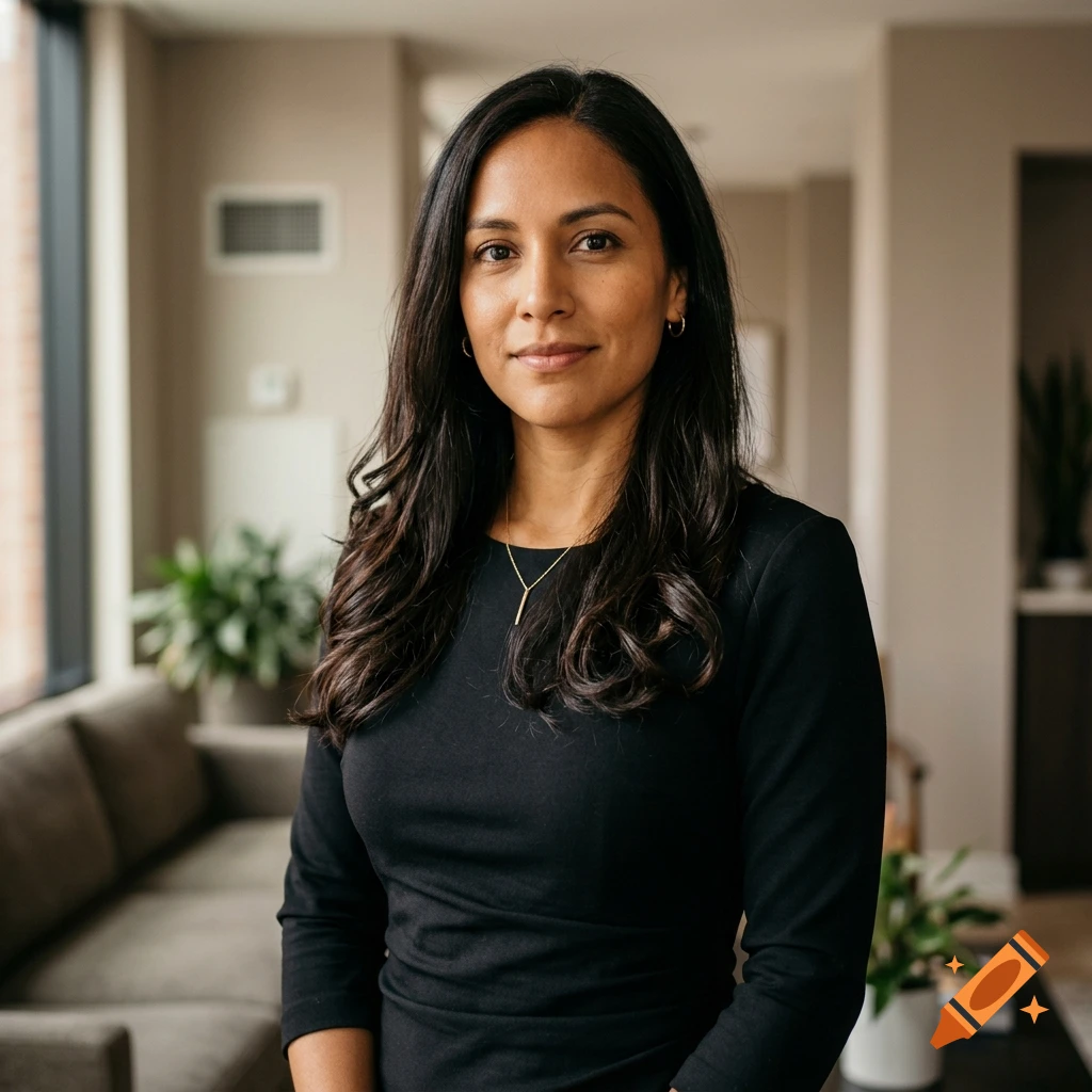 Photorealistic portrait of a Latina woman with long dark hair, wearing a black dress, standing in a modern living room.