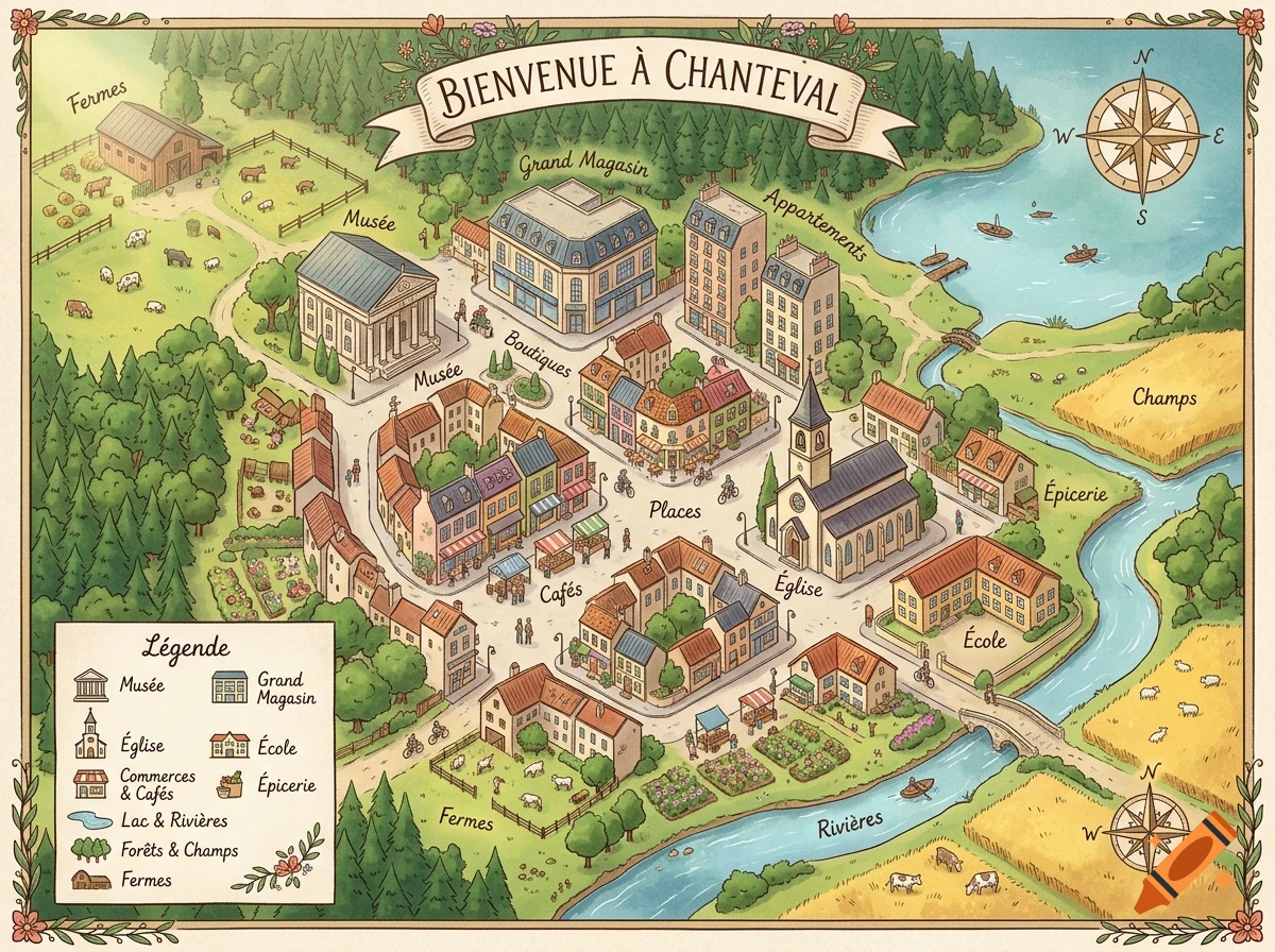 An illustrated fantasy map of a charming French village featuring buildings, a river, and a legend, drawn in a watercolor style.