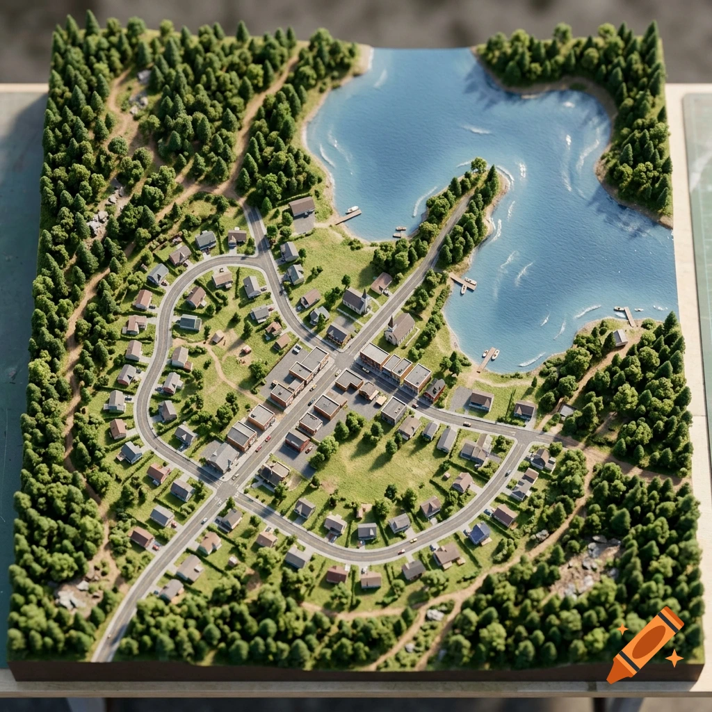 Detailed diorama map of a small American town with a lake and surrounding forest, photorealistic miniature style.