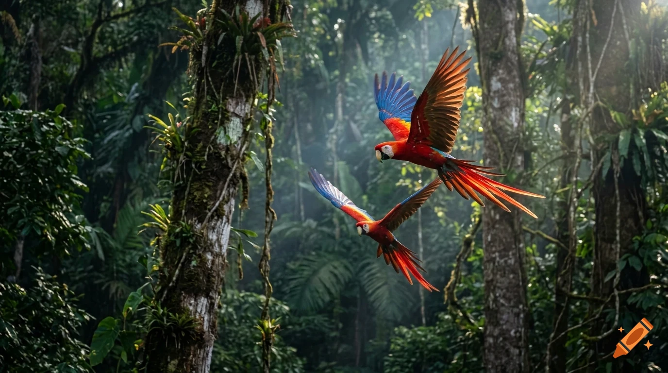 Two brightly colored macaws flying through a lush green jungle among trees.