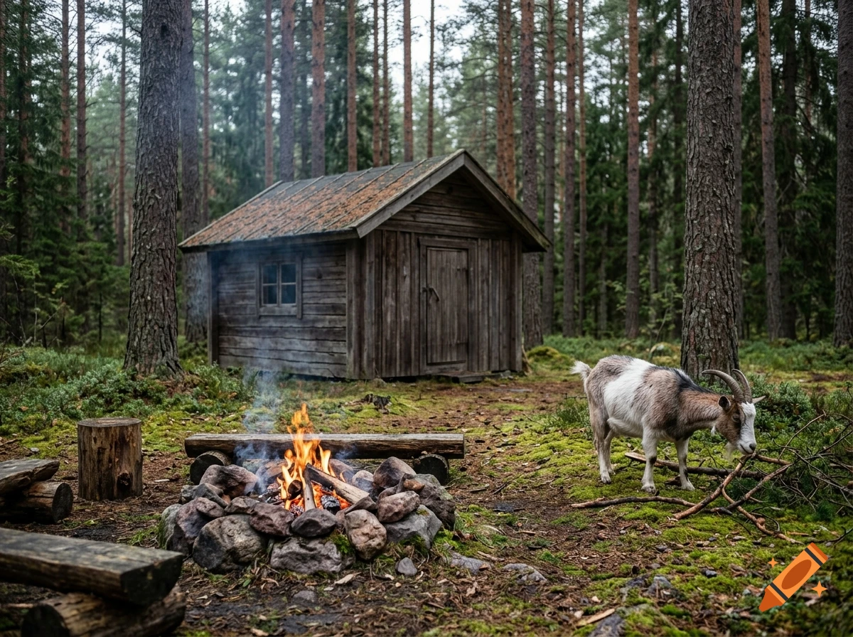 Photorealistic image of a wooden cabin in a pine forest with a campfire and a goat grazing on moss.