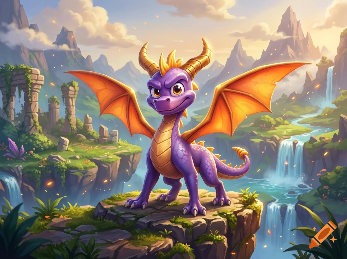 Digital illustration of the purple dragon Spyro standing on a rocky cliff with waterfalls in the background.