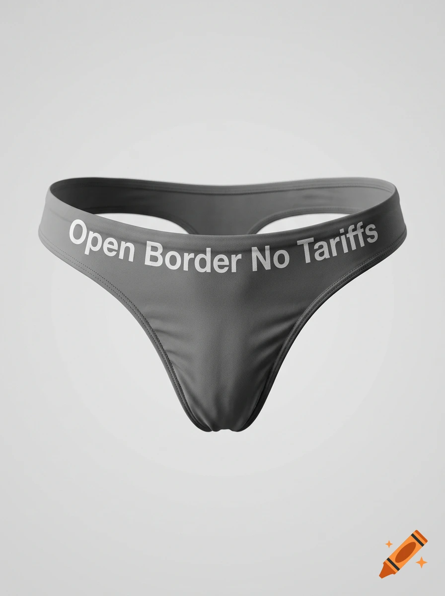 A pair of grey thong underwear with the text Open Border No Tariffs printed on the waistband, shown against a plain light grey background.