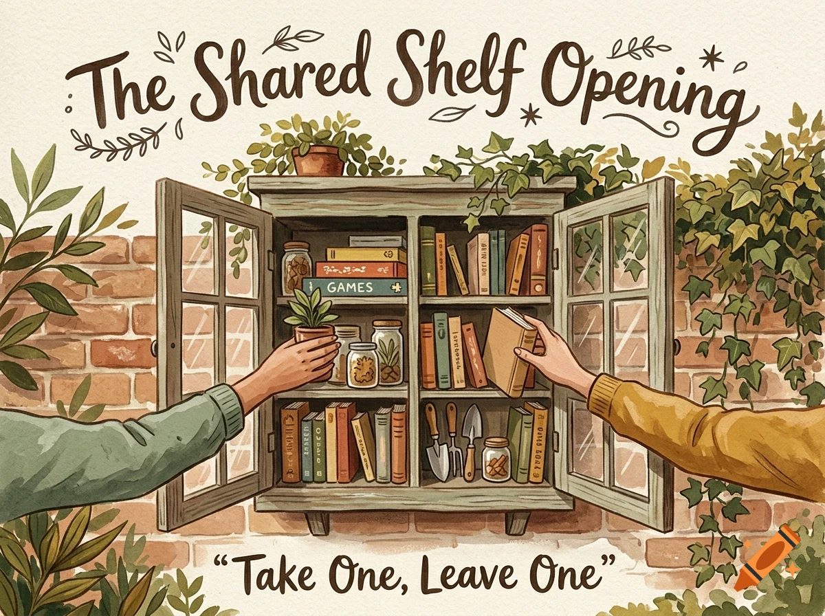 An illustrated outdoor community library cabinet mounted on a brick wall, with two hands placing items inside, surrounded by foliage and text reading The Shared Shelf Opening and Take One, Leave One.