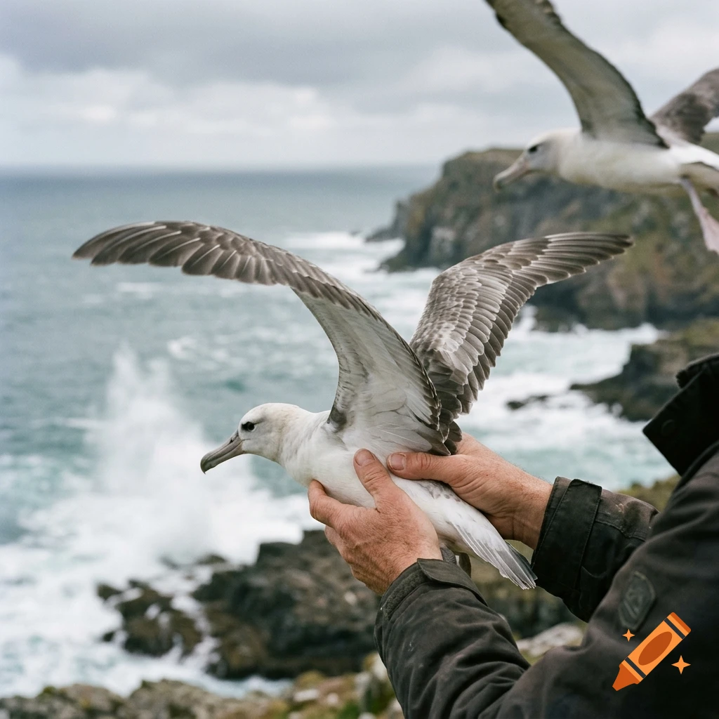 Photorealistic image of a person holding an albatross by its wings near a rocky coastline with ocean waves.