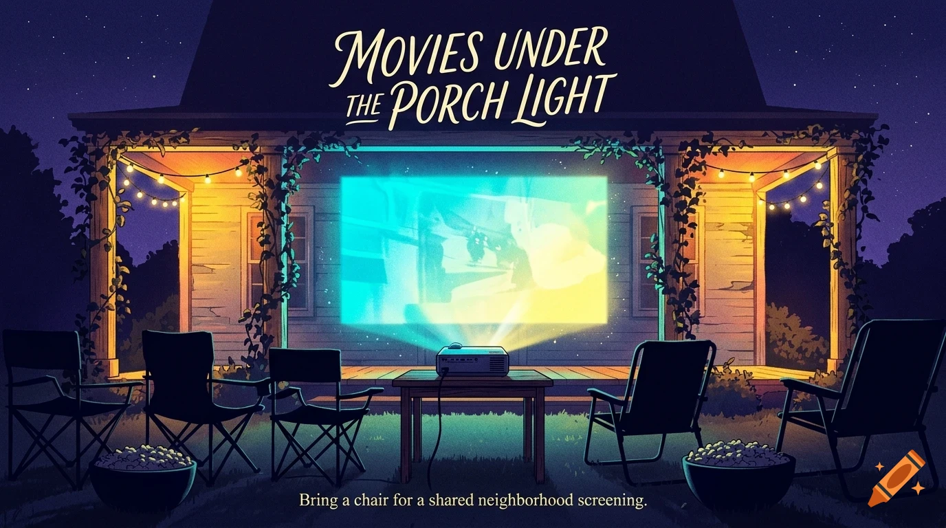 An outdoor movie screening setup in front of a house at night, featuring a projector, lawn chairs, string lights, and bowls of popcorn.