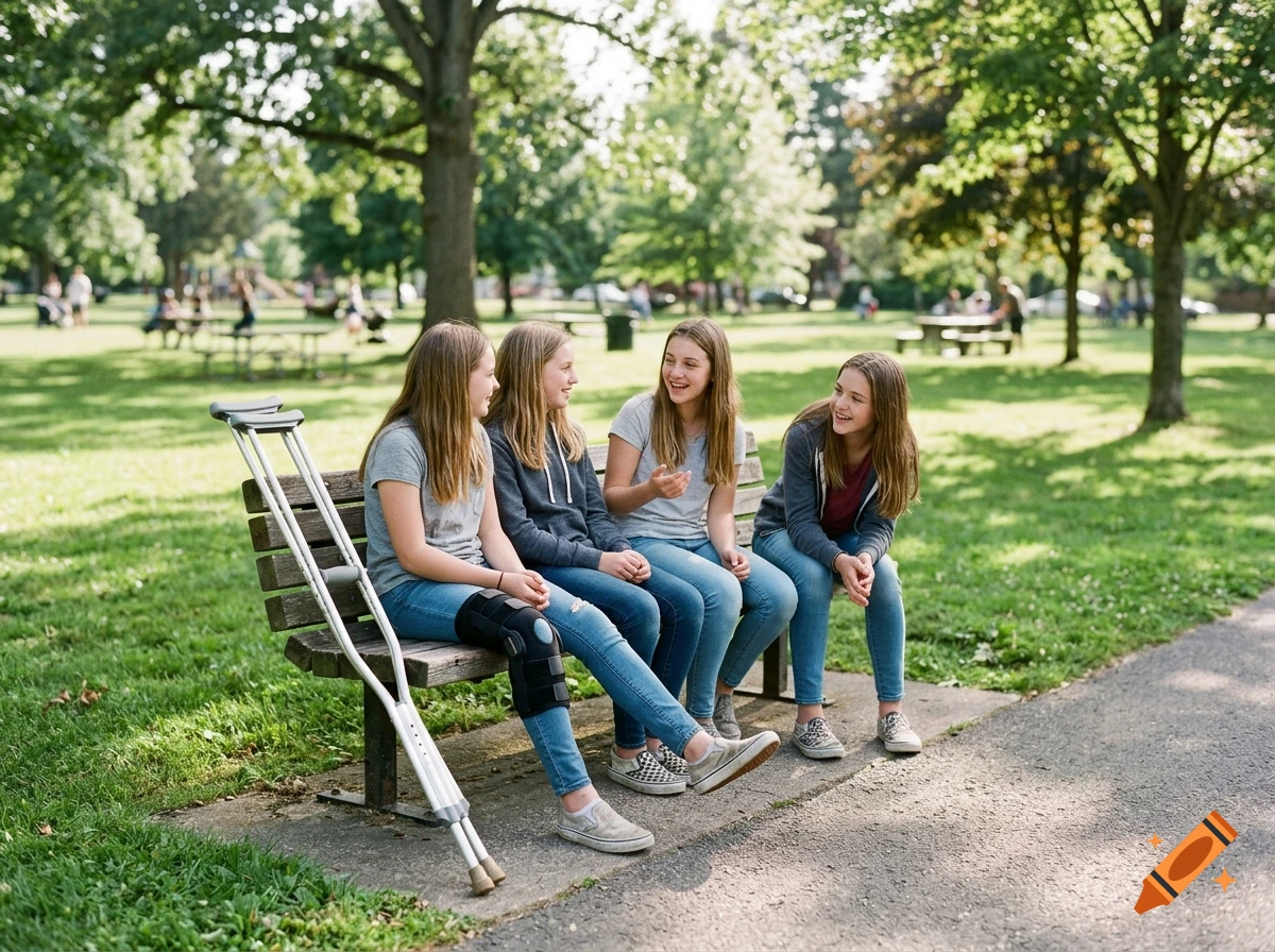 Four teenage girls sitting on a wooden park bench, chatting and laughing, with a pair of forearm crutches leaning against the bench.
