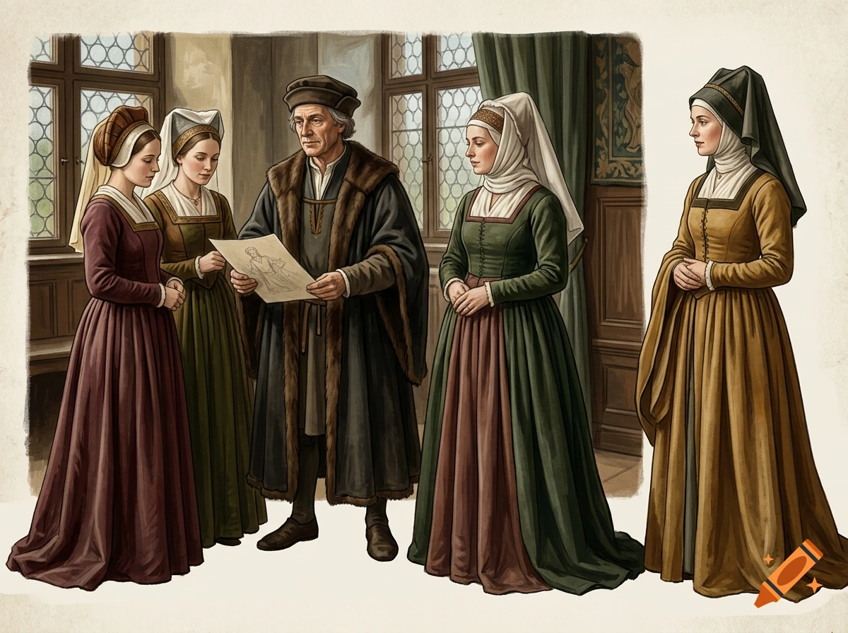 Historical style illustration showing a man holding a drawing surrounded by four women in medieval attire.