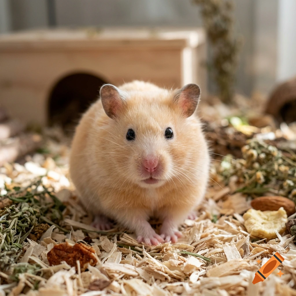 Close-up photorealistic shot of a cute golden hamster sitting on wood shavings in its cage.