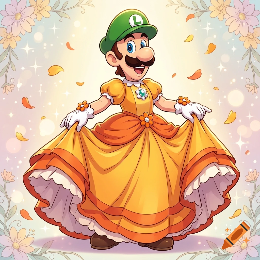 Digital illustration of Luigi wearing Princess Daisy's orange and yellow dress, surrounded by flowers.