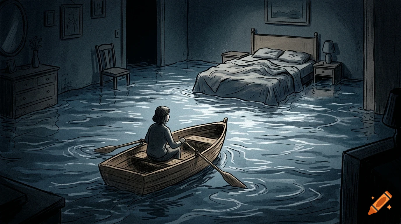 An illustration of a person rowing a small wooden boat through a flooded bedroom at night.