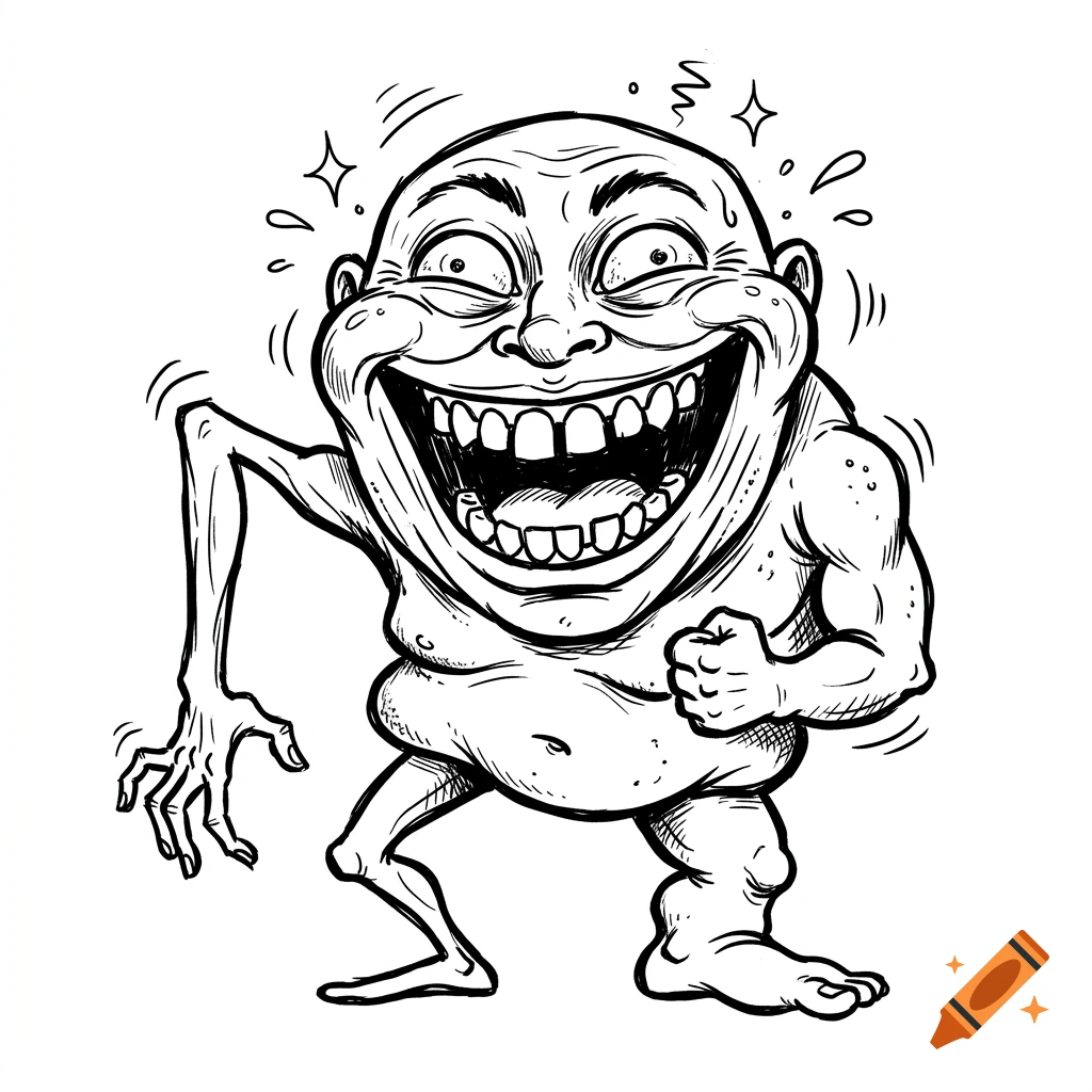 Black and white line art of a grinning, grotesque character with a bald head and disproportionate body.