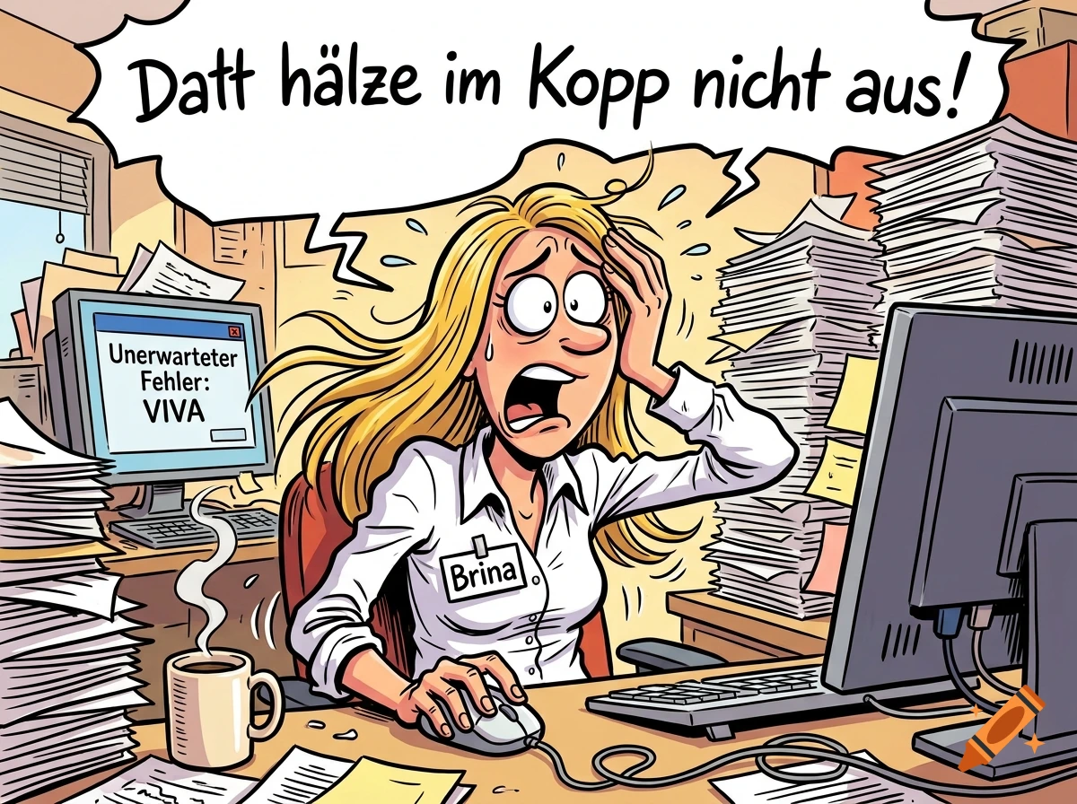 Comic style illustration of a stressed office worker surrounded by piles of paperwork with a computer error message.