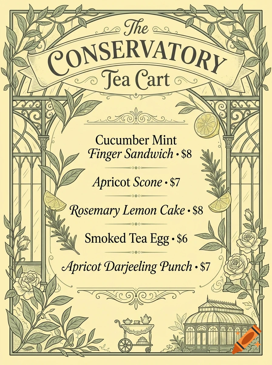 An illustrated menu titled The Conservatory Tea Cart, listing items like Cucumber Mint Finger Sandwich and Apricot Scone within an ornate botanical frame.