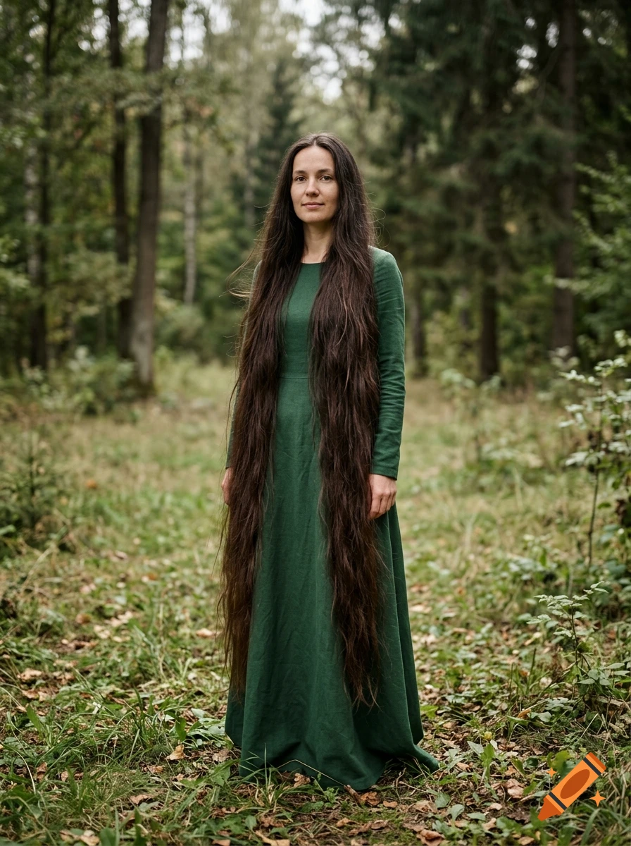 Full-length photorealistic portrait of a woman with exceptionally long floor-length hair wearing a green dress in a forest.