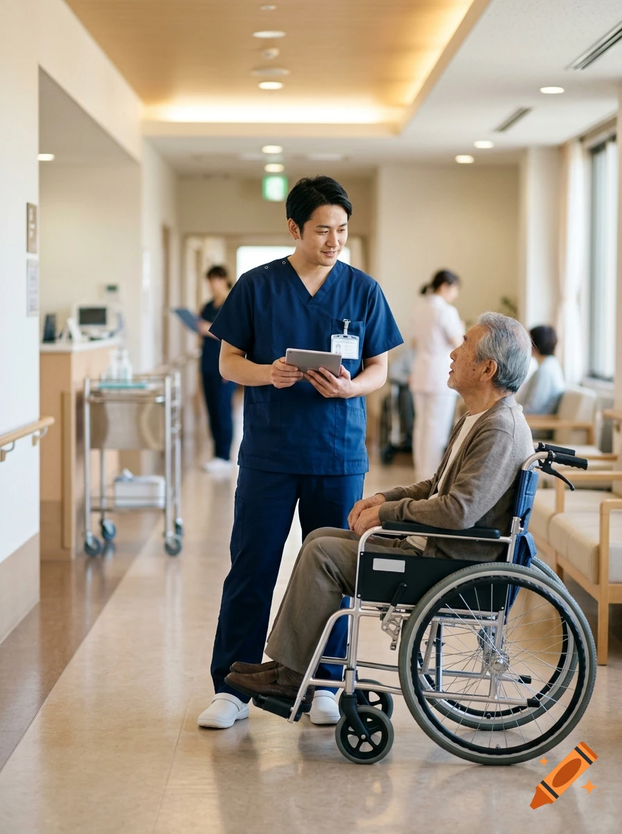 Photorealistic image of a nurse in blue scrubs talking to an elderly man in a wheelchair in a hospital hallway.