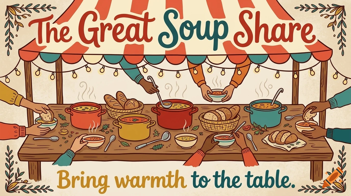 An illustration of a community soup share event with people serving and eating soup at a long wooden table under a striped tent.