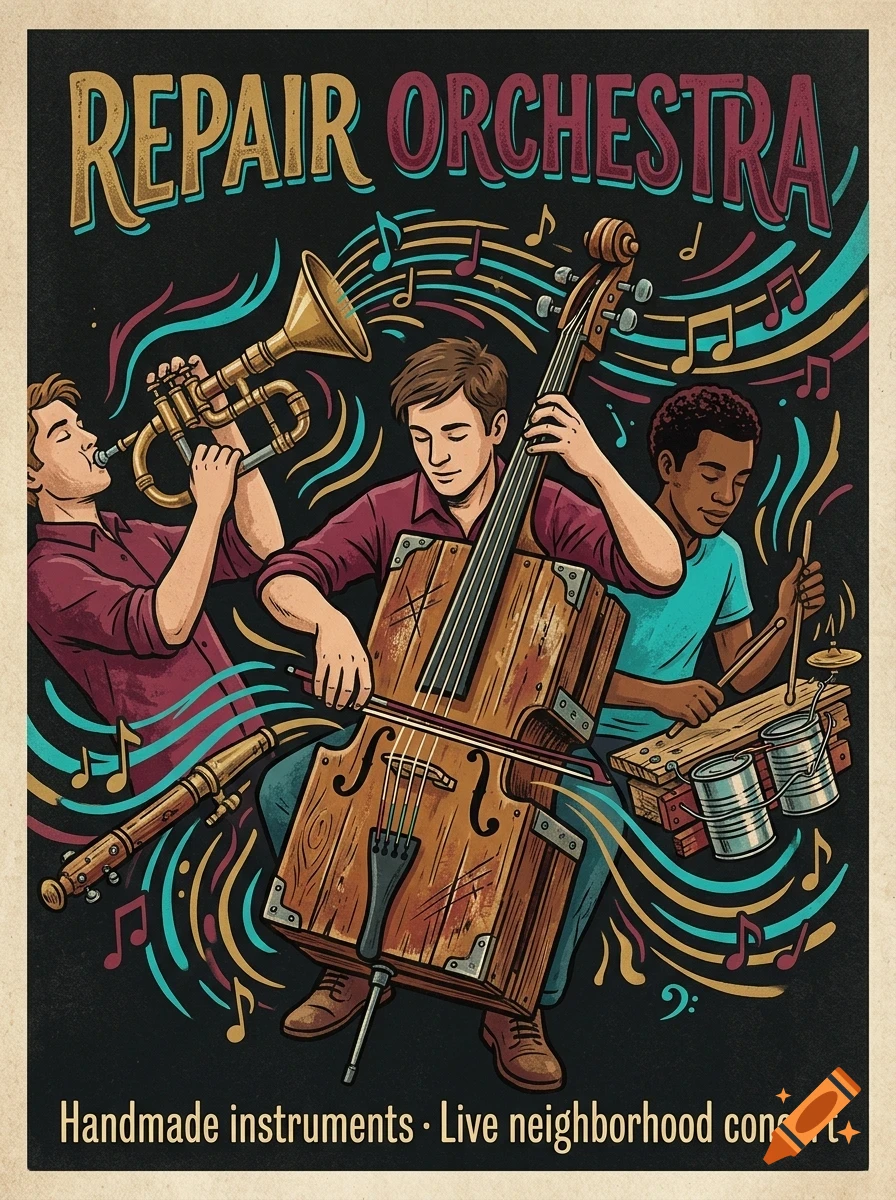 An illustrated poster depicting three performers playing handmade musical instruments with musical notes swirling around them and the text REPAIR ORCHESTRA at the top.