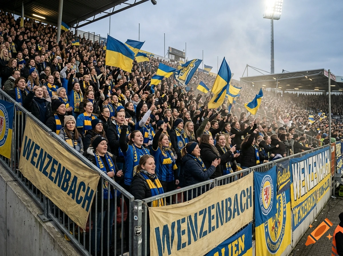 Photorealistic crowd of female football fans in stadium stands with blue and yellow scarves and WENZENBACH banners.