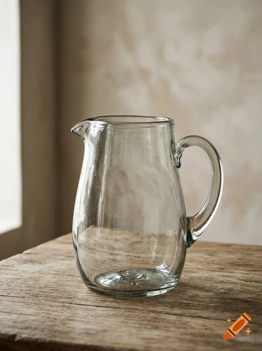 A clear glass pitcher sits on a rustic wooden table against a neutral background.