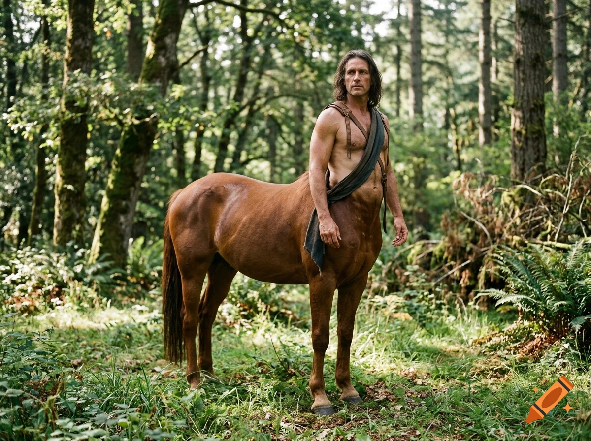 Photorealistic image of a male centaur standing in a lush green forest.