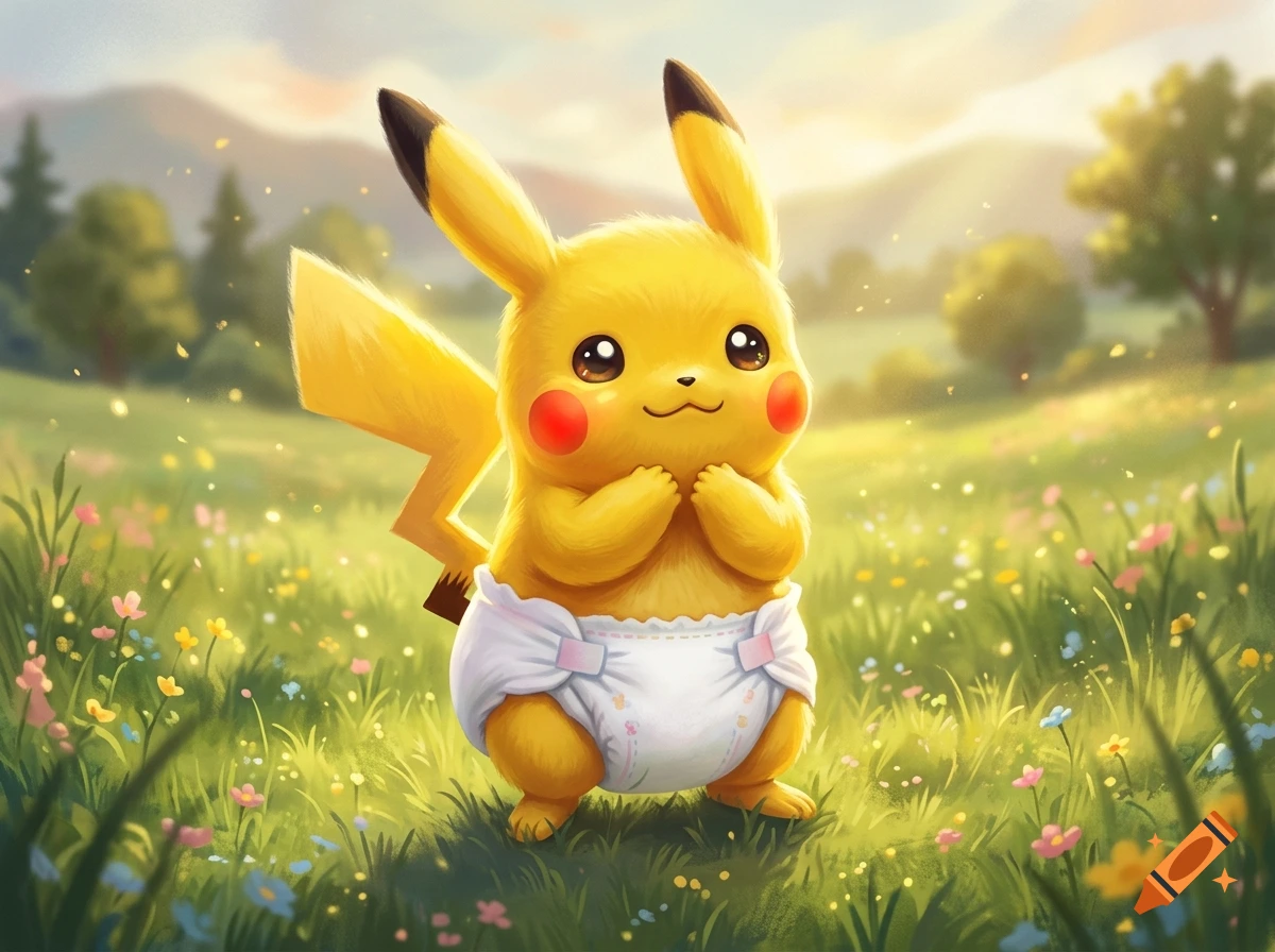 Digital illustration of a cute yellow Pikachu wearing a diaper standing in a grassy meadow with wildflowers during sunset.