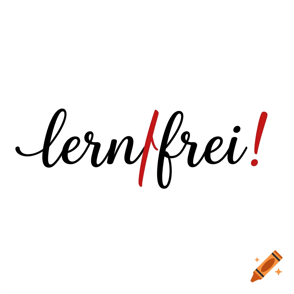 Black handwritten script reading lernfrei with a red slash separating the n and f, followed by a red exclamation mark on a white background.