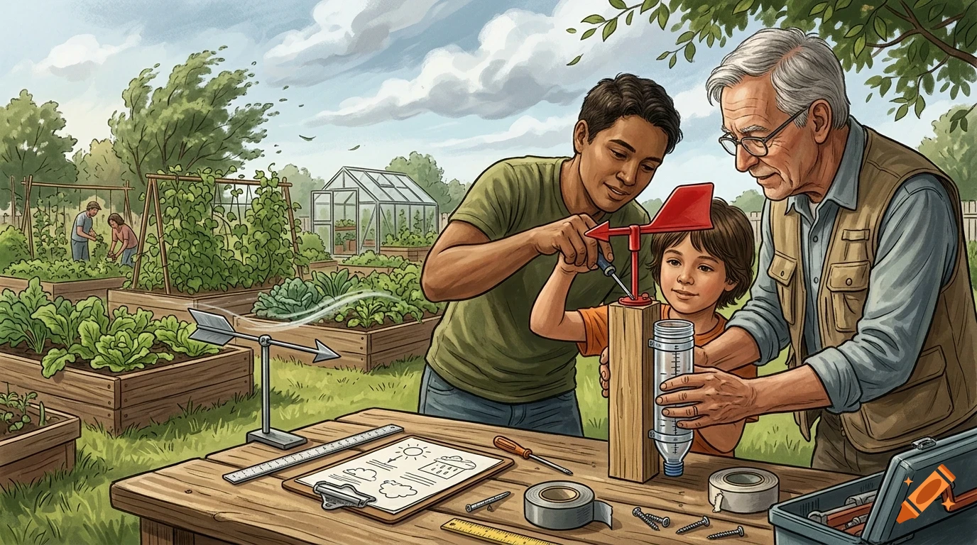 An older man, a young man, and a child working together to build a weather vane and rain gauge on an outdoor table in a garden.