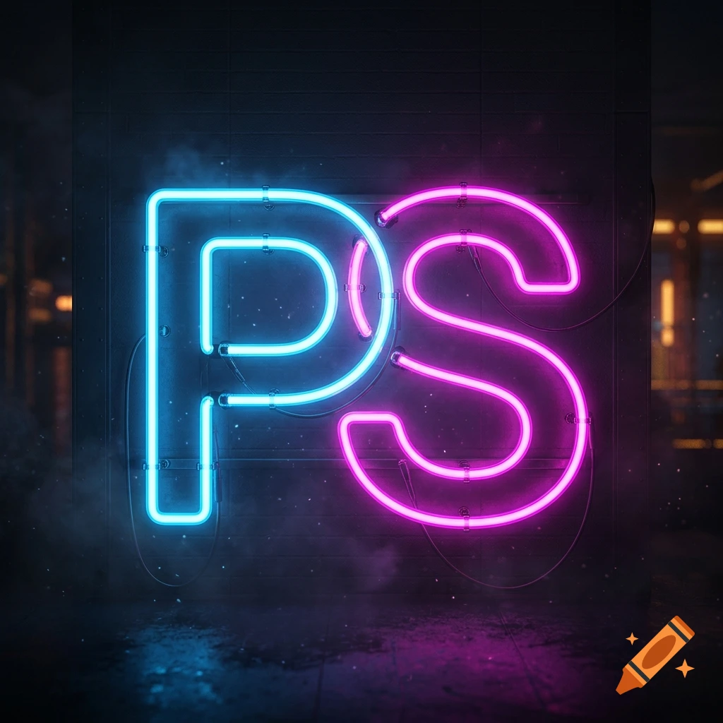 Modern neon sign displaying the letters PS in blue and pink mounted on a dark brick wall.