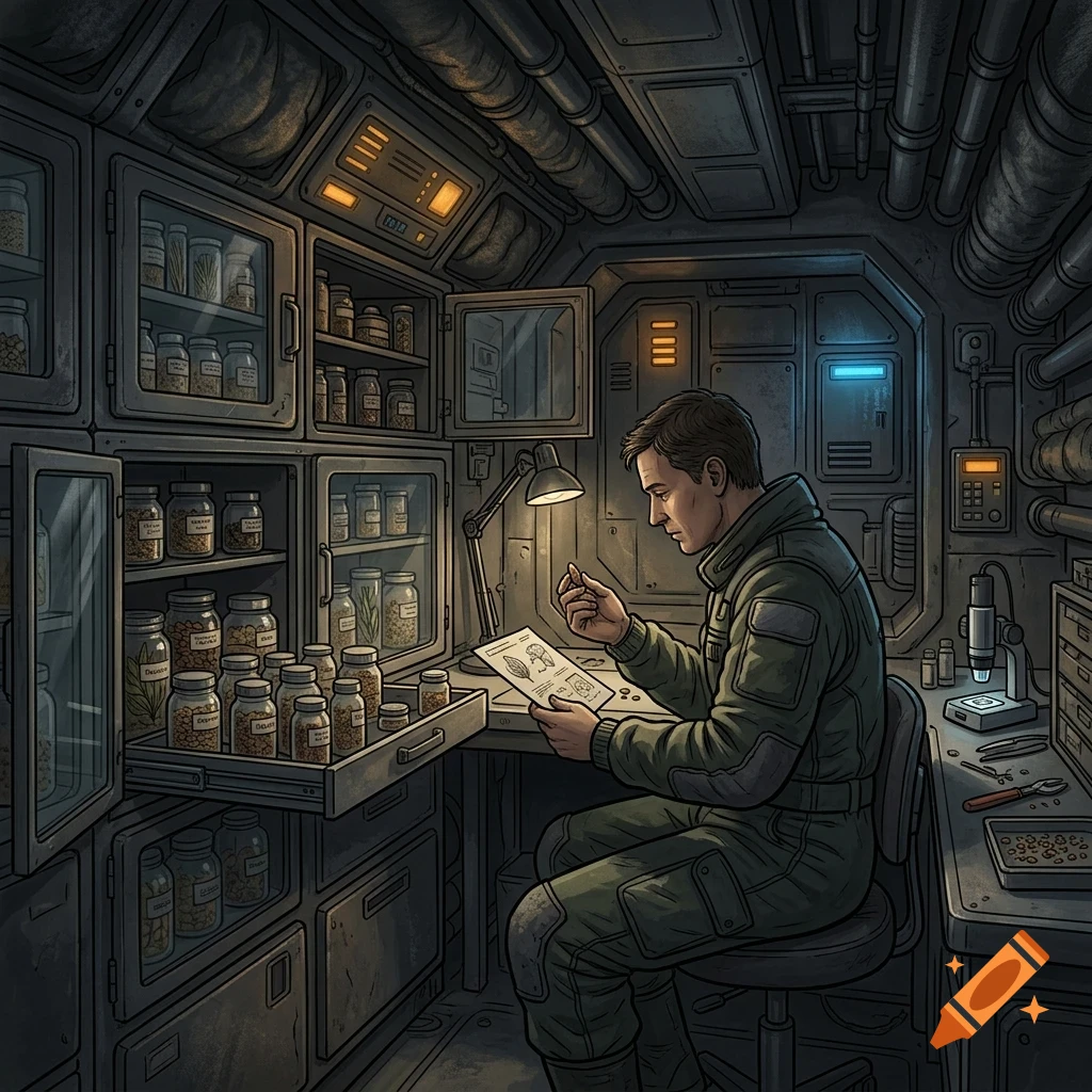 A person in a jumpsuit sits in a dimly lit laboratory room filled with shelves of specimen jars, examining a document by a desk lamp.