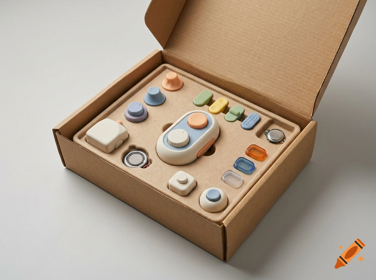 Photorealistic product mockup of an activity timer prototype kit inside an open cardboard mailing parcel.
