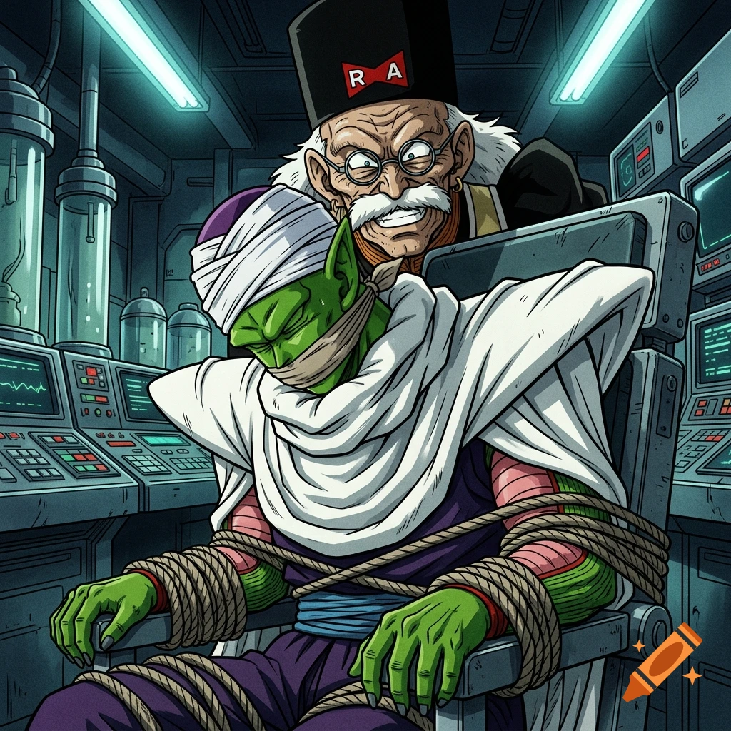 Doctor Gero standing behind a tied-up and gagged Piccolo in a laboratory, anime style.